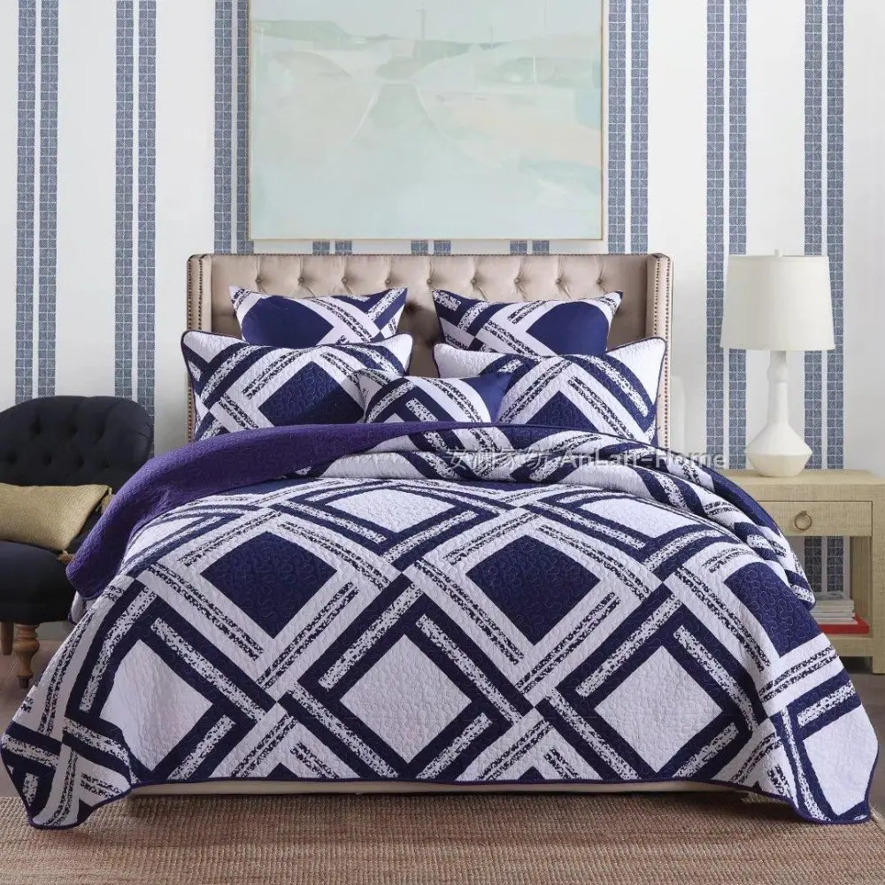 

Embridery American Pure cotton Blue and White check quilting quilts Bedspread coverlets 3pcs quilts pillowcase set Bedcover king