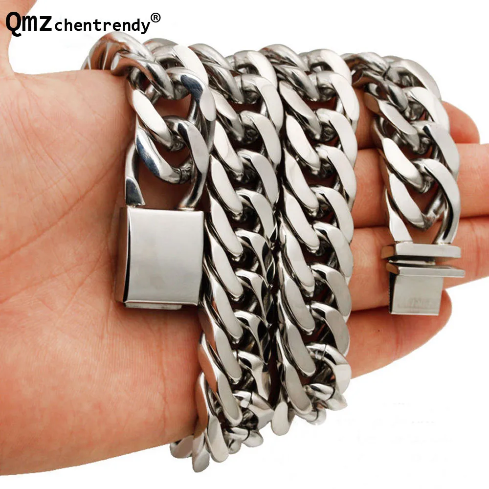 

Qmzchentrendy 17mm 60cm Stainless Steel Curb Cuban Chain Necklace Boys Miami Link Heavy Hip hop Men Jewelry Drop Shipping