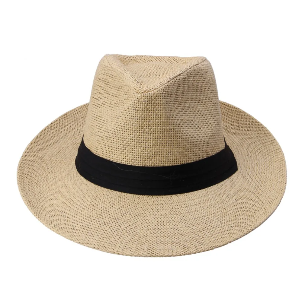 Sombrero de paja de papel con cinta negra para hombre y mujer, gorro de Sol de Jazz de ala grande, Trilby de playa informal de verano, moda caliente