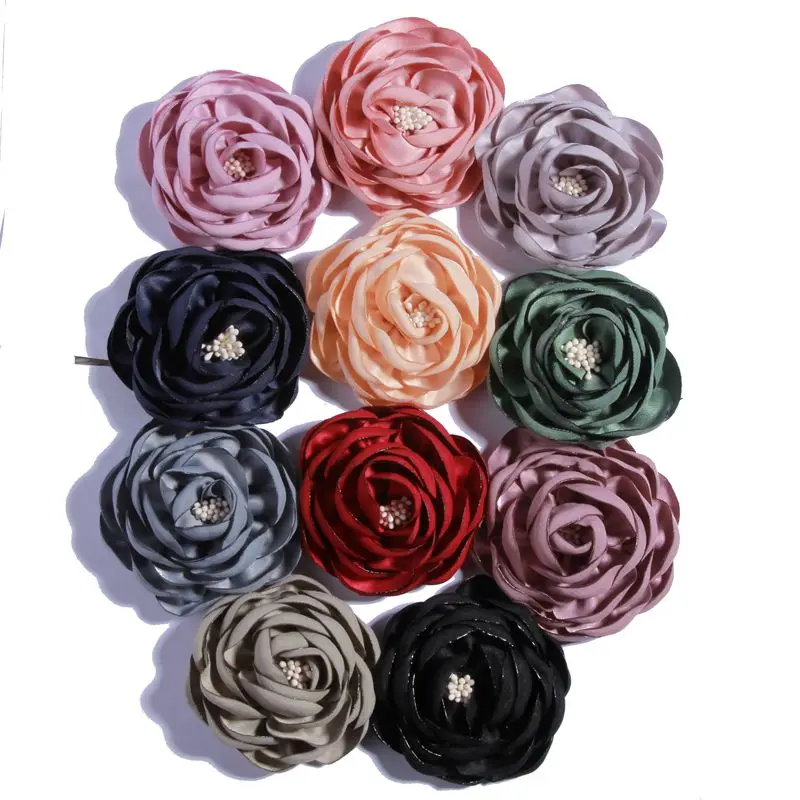 

120PCS 7CM Vintage 3D Singed Satin Flower with Stamen Women Corsage Flower Girl Headband Hat Dress Accessories