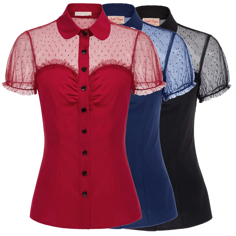 vintage Women shirt Short Sleeve Lapel Collar Red Buttons Mesh Fabric Patchwork blouse party elegant ladies Tops camisas mujer