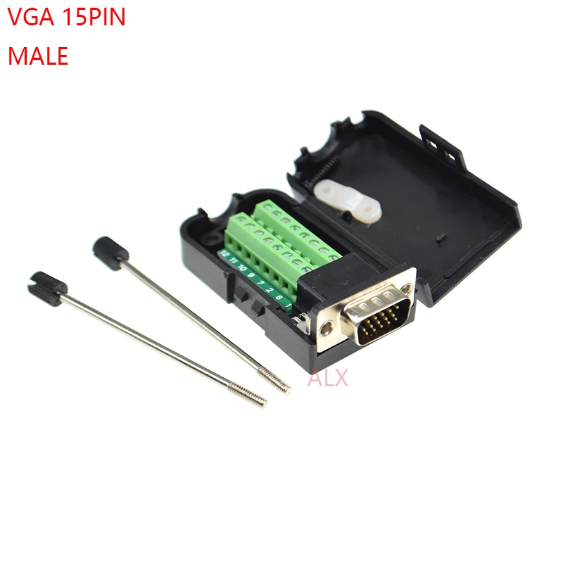 1PCS VGA VGA15 DB15 15PIN 3 ROW male plug connector to screw terminal adapter with black shell D-SUB wire cable free solder diy