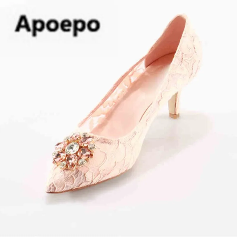 

sales brand Crystal Sexy Lace Bridal Shoes Med Heels Pointed Toe Dress Party Pumps Woman Luxury Handmade Designer Pink Shoes