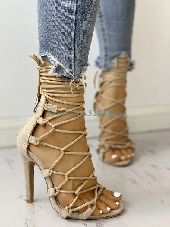 Nude Pink Black Red Cross Tied Thin High Heel Sandals Bungee Cord Ankle Strap Stiletto Heel Sandals Open Toe Lace Up Women Shoes