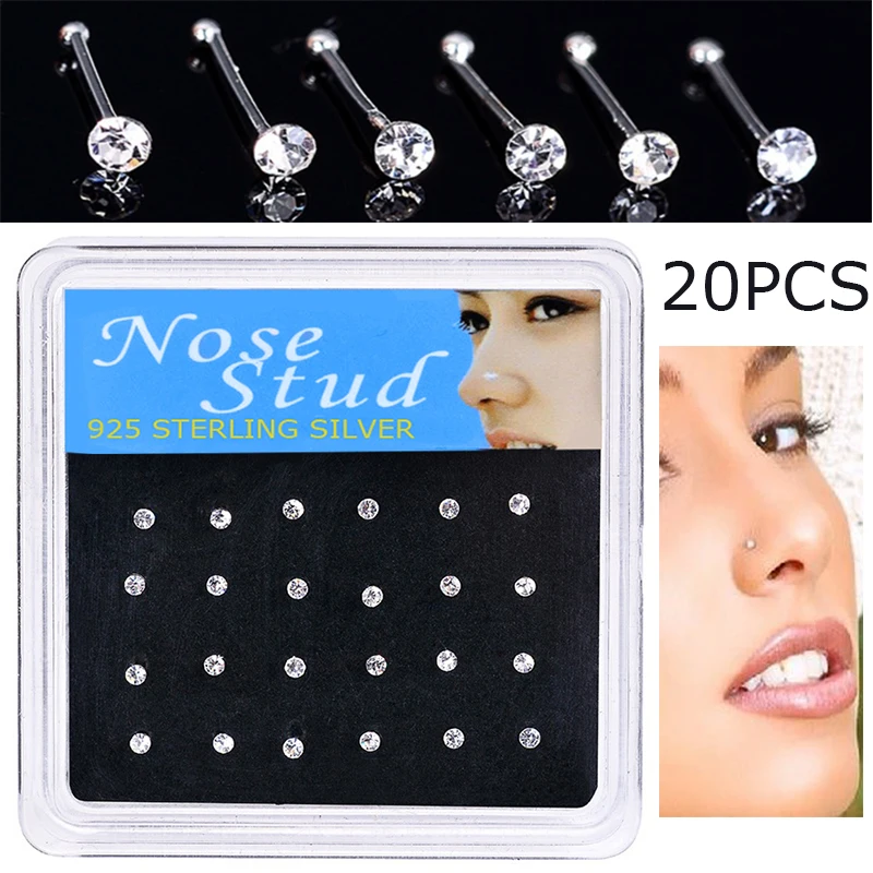 Walerv 20pcs Fashion Nose Studs Round White Crystal Nose Rings Body Nose Piercing Jewelry Earings Ball End