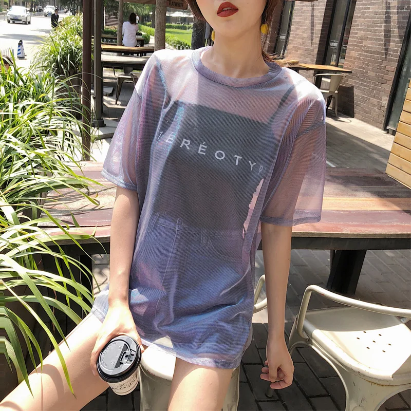 2019 Fashion Hollow Out T Shirt Women Sexy Transparent Summer Female Tops Casual Short Sleeve Two Women Sets T-Shirts+Vest