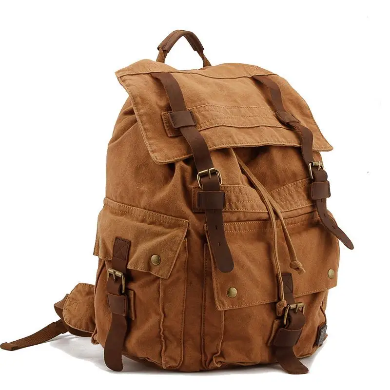 Vintage Korean style Men Military canvas Leather backpack men hiking backpacks boy canvas school backpacks traveling bag