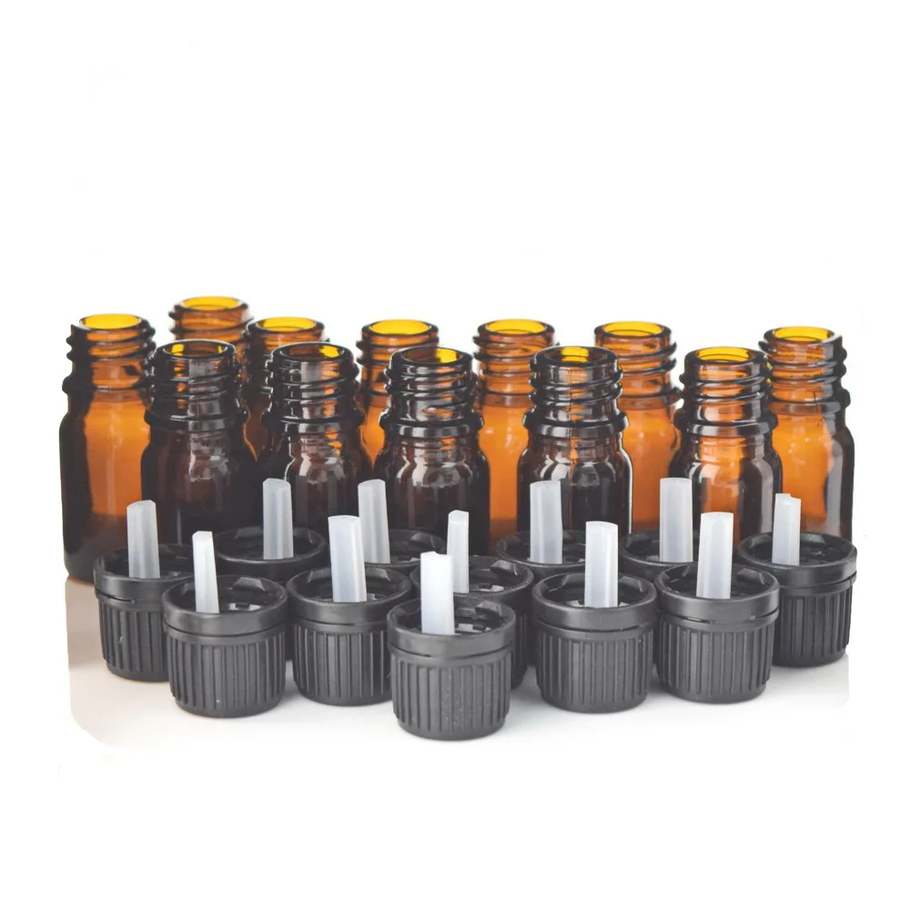 

12pcs 1/6 Oz 5ml Amber Glass Bottles w/ Euro Dropper Black Tamper Evident Lid for Essential Oil Aromatherapy Cosmetic Containers