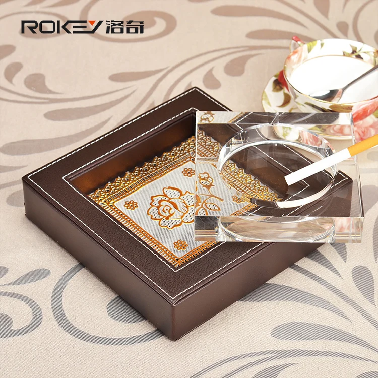 Rocky brown grain cowhide leather high-grade crystal ashtray fashion creative personality ashtray Modern