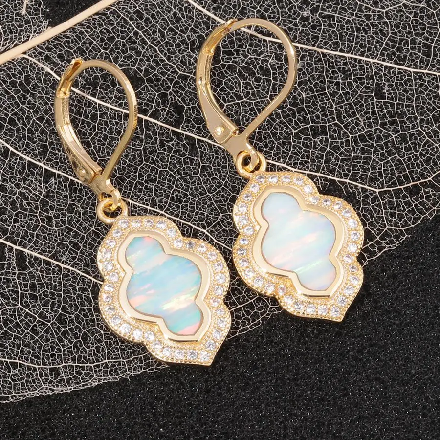 CiNily Luxury Female White Fire Opal Zircon Gold Plated Wedding Necklace for Women Jewelry Pendant Necklace Earrings Jewelry Set