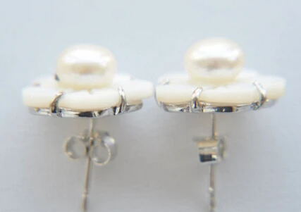 hot sell new - shitou 00711 15MM SHELL FLOWER WHITE FRESHWATER PEARL STUD EARRING