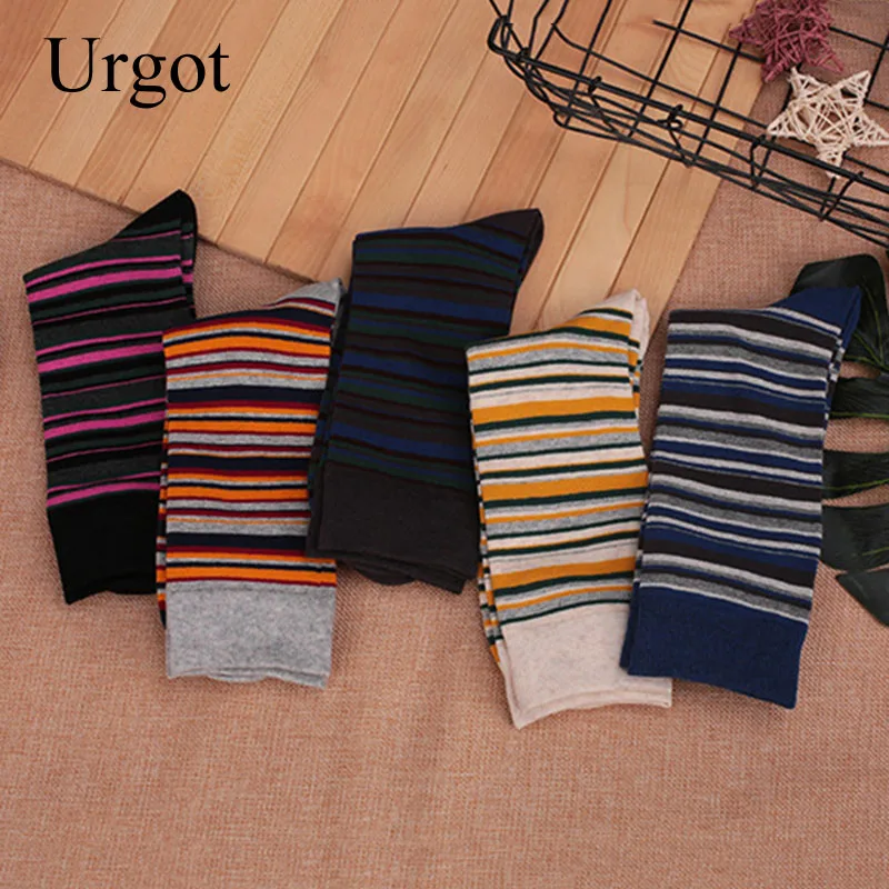 Urgot 5 Pairs Men\'s Socks Big Large Size 46,47,48 Autumn Winter Thick Odor-proof Male Socks Casual Stripe Middle Long Tube Socks