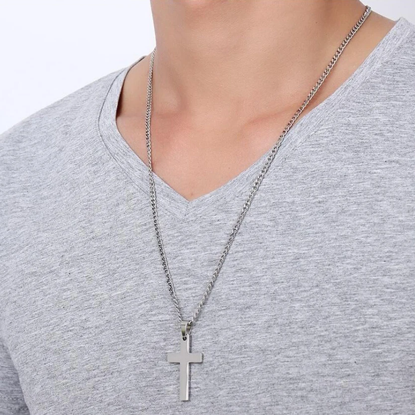 60cm Length Mens Cross Pendant Necklace Stainless Steel Link Chain Necklace Statement Jewelry