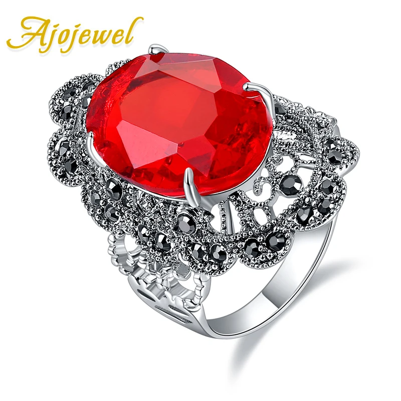 Ajojewel Shining Big Oval Red/Black Crystal Rings For Women Black CZ Flower Beautiful Vintage Jewelry