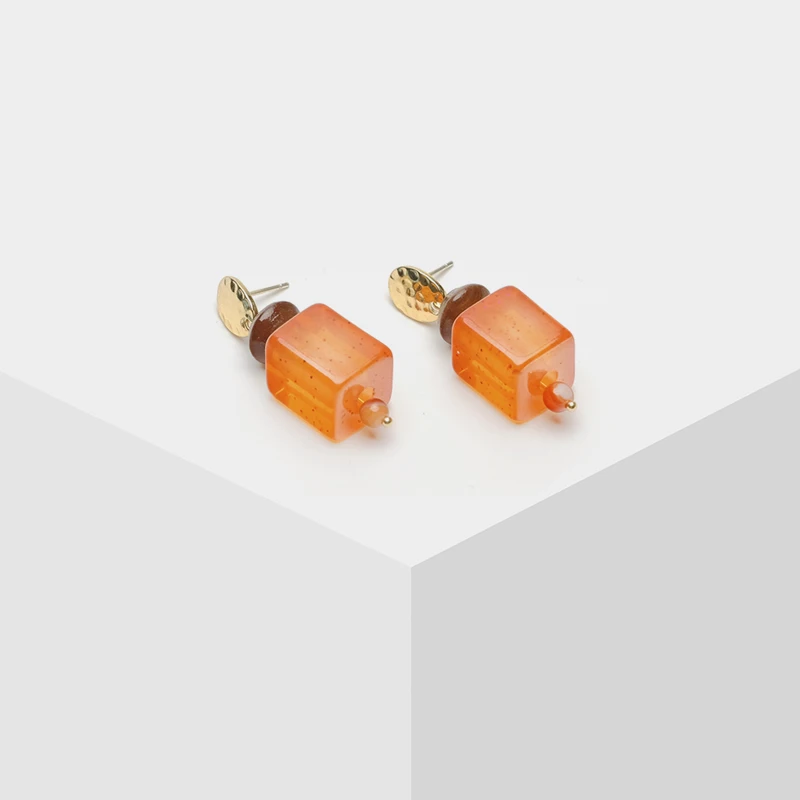 Square Orange Color Geometric Wood Earring