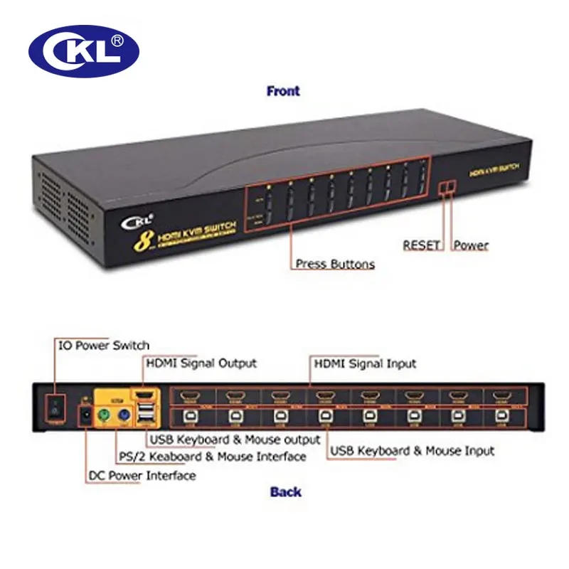 KVM Switch HDMI 8 Port with USB PS/2 Support Auto Scan for Computers Servers Laptop DVR NVR 1080P 3D Rack Mount CKL-9138H