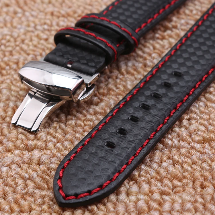 Watch band 18mm 20mm 22mm 24mm Popular Red Stitching Carbon Fiber Fabric Replacement Genuine Leather Watchb and Starp Bracelets