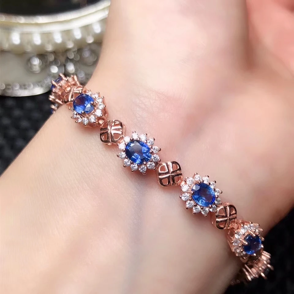 

blue Sapphire gemstone bracelet for women jewelry natural gem certificate, real 925 silver rose gold color birthstone party gift