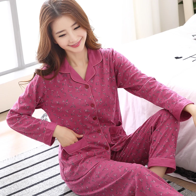 

Long Sleeve Pajamas Female Spring Autumn Cotton Middle-aged Mother Sleepwear Set Women Plus Size Loose Home Clothes Suit H5617