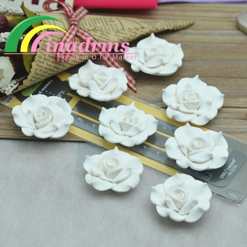 38mm Argilla Polimerica Fatto A Mano Bianco Puro Fiore di Rosa, Fiore Della Resina, Decorazione Floreale, embelishments Forniture