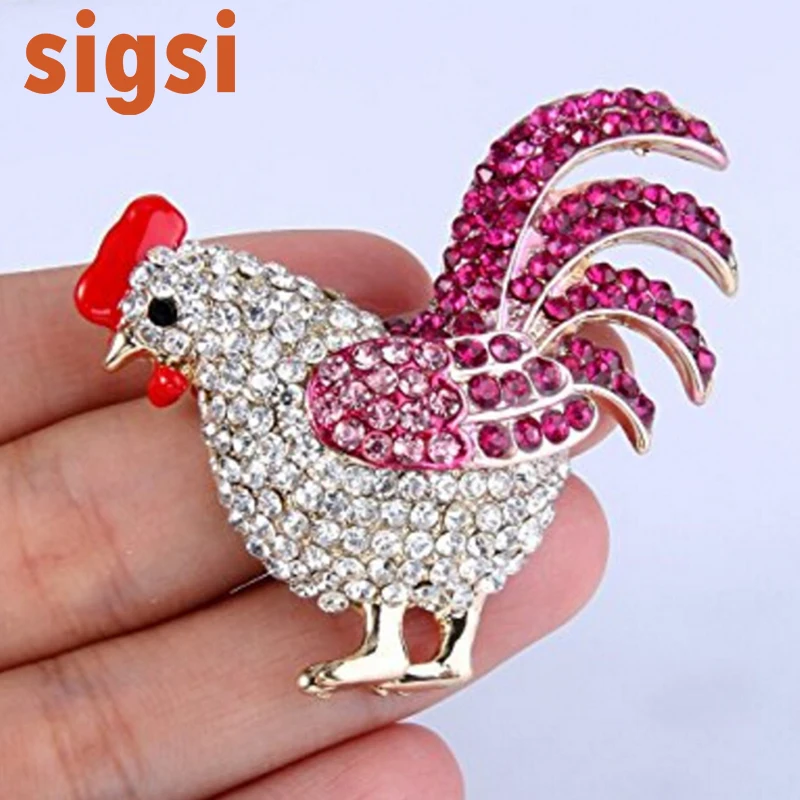 Gold-Tone Women's fuchsia Crystal Enamel Party Lovely Morning Rooster  Cock Animal Accessory Brooch