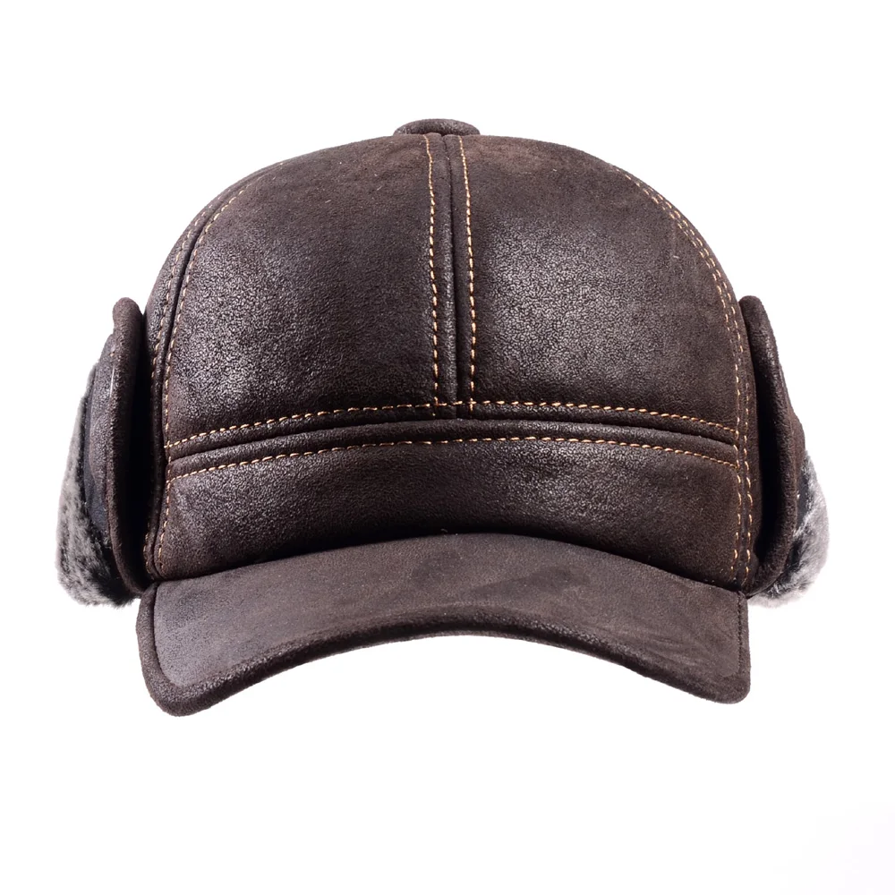 RY9100 Male Winter Genuine Leahter Suede Bomber Hat Man Nubuck Thick Head Warm Dome Caps Elder Black/Brown sewing Fitted Gorras