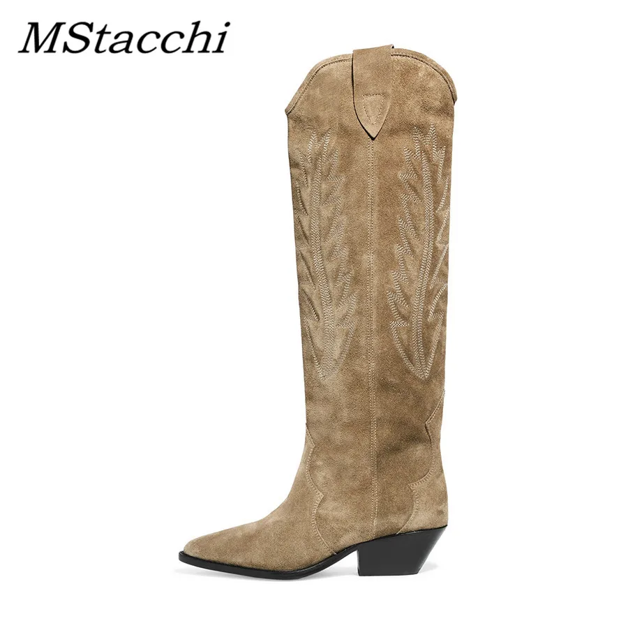 MStacchi-Botas altas bordadas de ante para mujer, botines hasta la rodilla, Sexy, puntiagudos, tacones de gatito