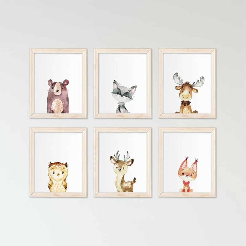 Woodland Animals Art Canvas Painting Wall Picture Nursery Decor , Cute Watercolor Rabbit Fox Bear Prints Baby Room Wall Art