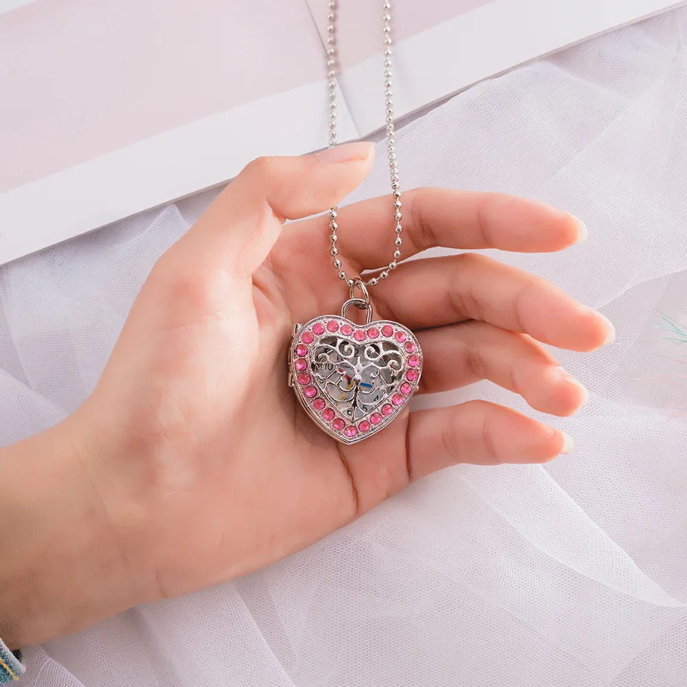 10pcs/Lot Stainless Steel Heart Necklace Pocket Women Girl Dress Watches Long Necklace Crystal Diamonds Pendant Watch GL18T Gift