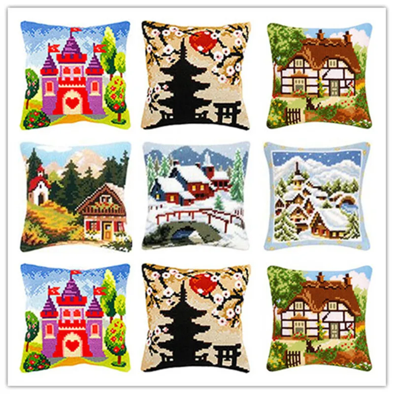 

Cross Stitch Pillow Mat DIY Craft Rural Latch Hook Kit 42CM by 42CM Needlework Crocheting Cushion Embroidery