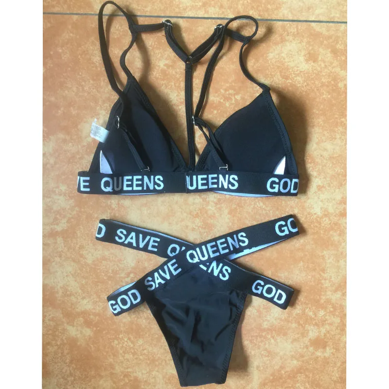 Maillot de bain élastique God Save Dinner pour femmes, Bikini Push Up, Maillot de bain bandage croisé, Taille haute, Noir, Rose