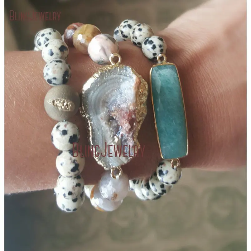 

Created Dalmatian Jaspers Stone Bracelet With Ball Agate Druzy Or Amazonite Bar Charm BM10743