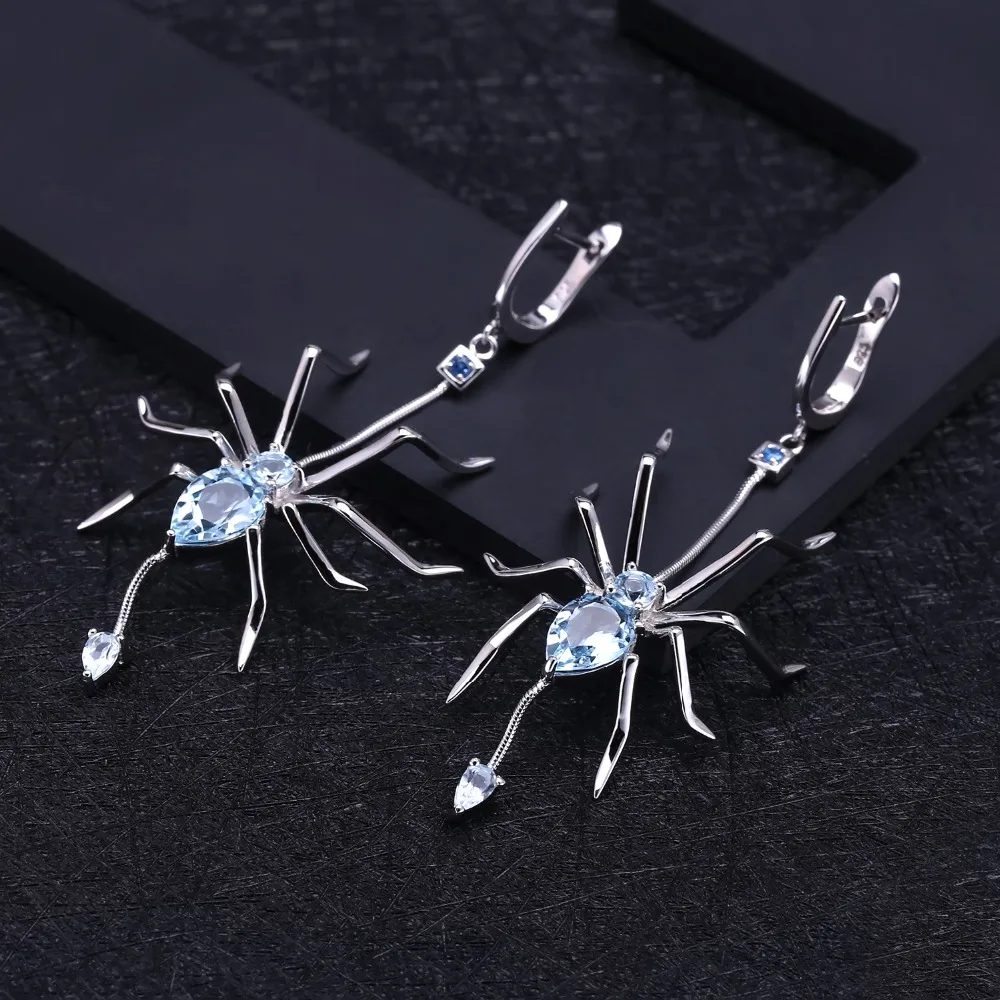 GEM\'S BALLET Natural Sky Blue Topaz Spider Earrings 925 Sterling Sliver Vintage Gothic Punk Drop Earrings For Women Fine Jewelry