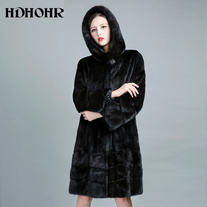 HDHOHR 여성용 천연 밍크 모피 코트, 긴 후드, 진짜 모피 파카, 두껍고 따뜻한 겨울 진짜 밍크 재킷, 2024 하이 퀄리티