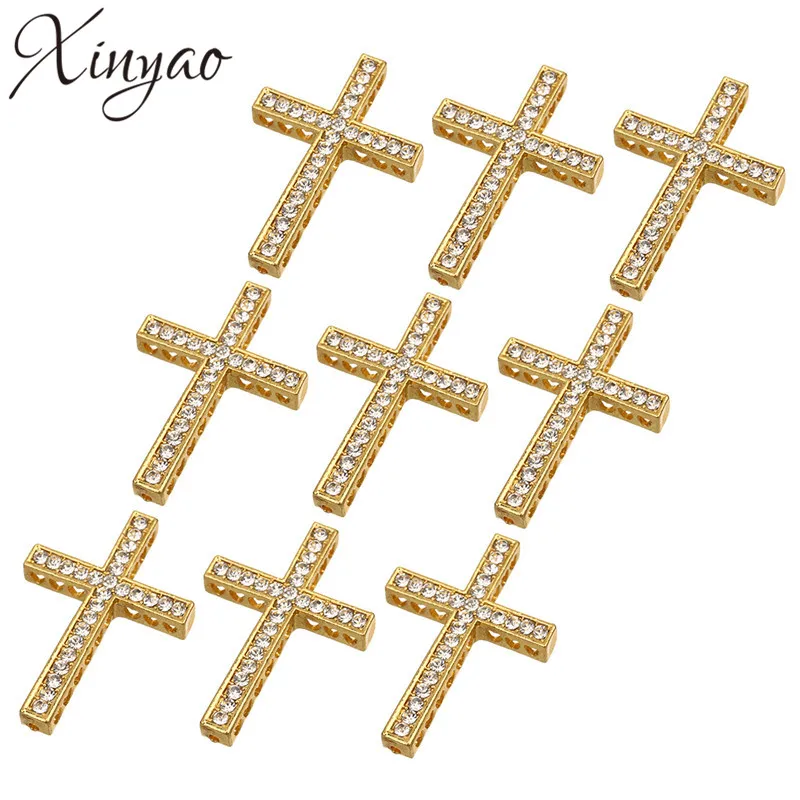 5pcs/bag Wholesale Gold/Rhodium/Gunmetal Color Rhinestone Sideway Cross Bracelet Charm Pendant for Jewelry Making AccessoryF293