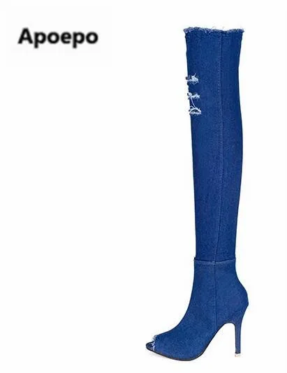 sales 2022 Runway denim blue over the knee boots sexy open toe high heel boots woman thigh high boots thin heels jeans boots