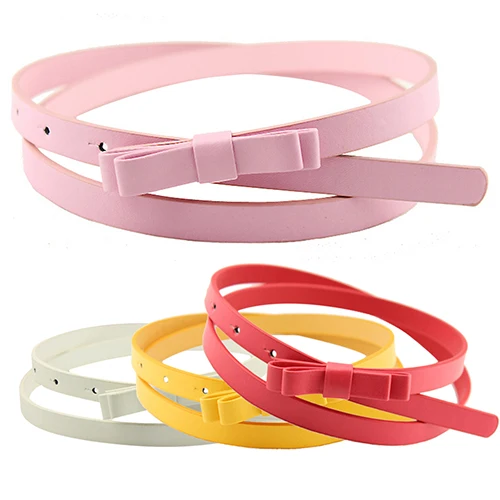 Hot! Women's Candy Color 2 Layers Bowknot Thin Narrow Belt PU Leather Waistband Strap