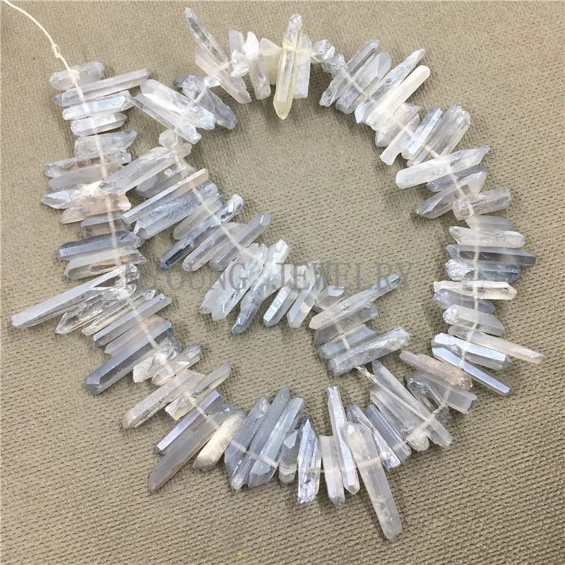 

MY0783 Mix Sizes Matte Crystal Quartz Titanium Stick Beads,Rough Quartz Healing Spike Point Beads,Raw Quartz Top Drilled Beads