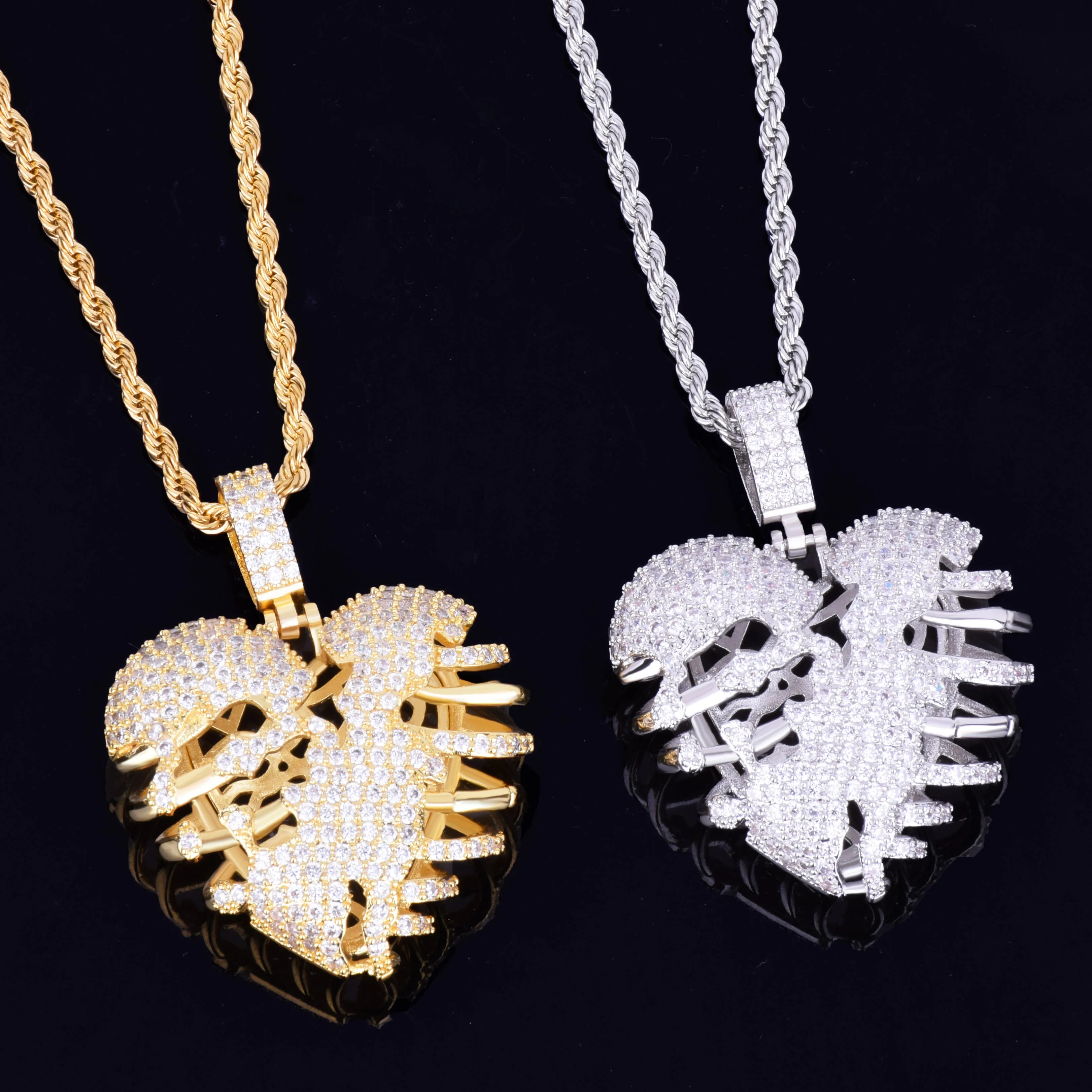 Broken Skeleton Heart Pendant Necklace AAA Cubic Zircon Men\'s Hip Hop Rock Jewelry