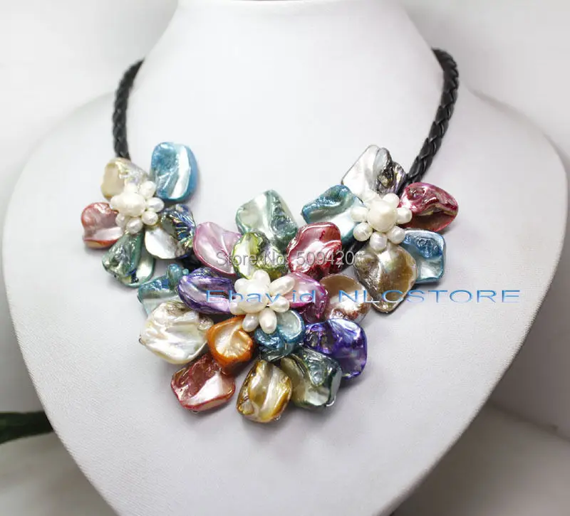 

Free Shipping pretty mix color mother of pearl shell weave flower necklace 18" fashion jewelry