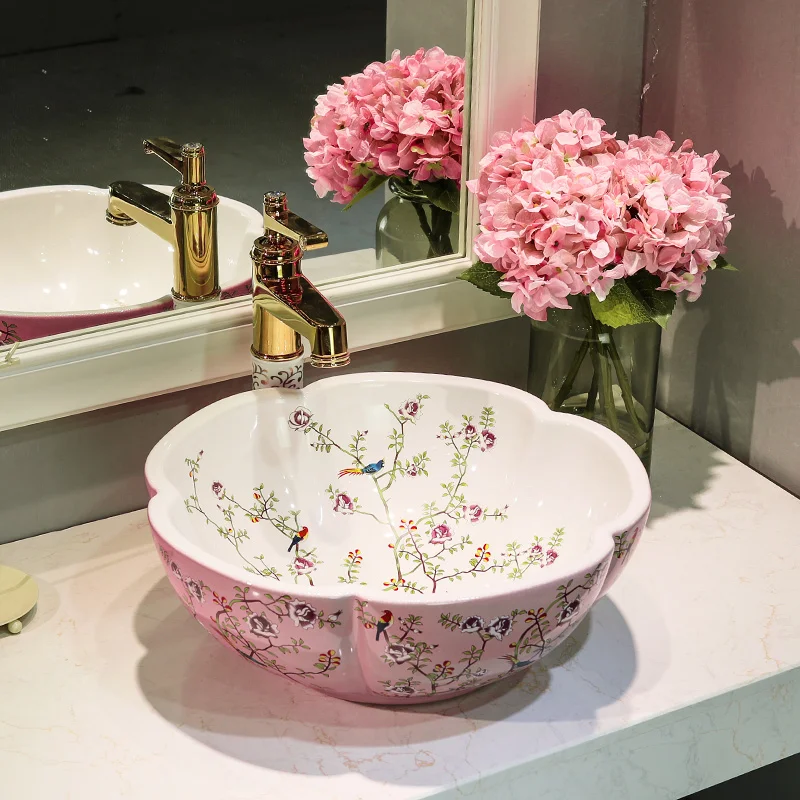 

Flower and bird pink color Bathroom Lavabo Ceramic Counter Top Wash Basin Cloakroom Porcelain Vessel Sink wash basin sink