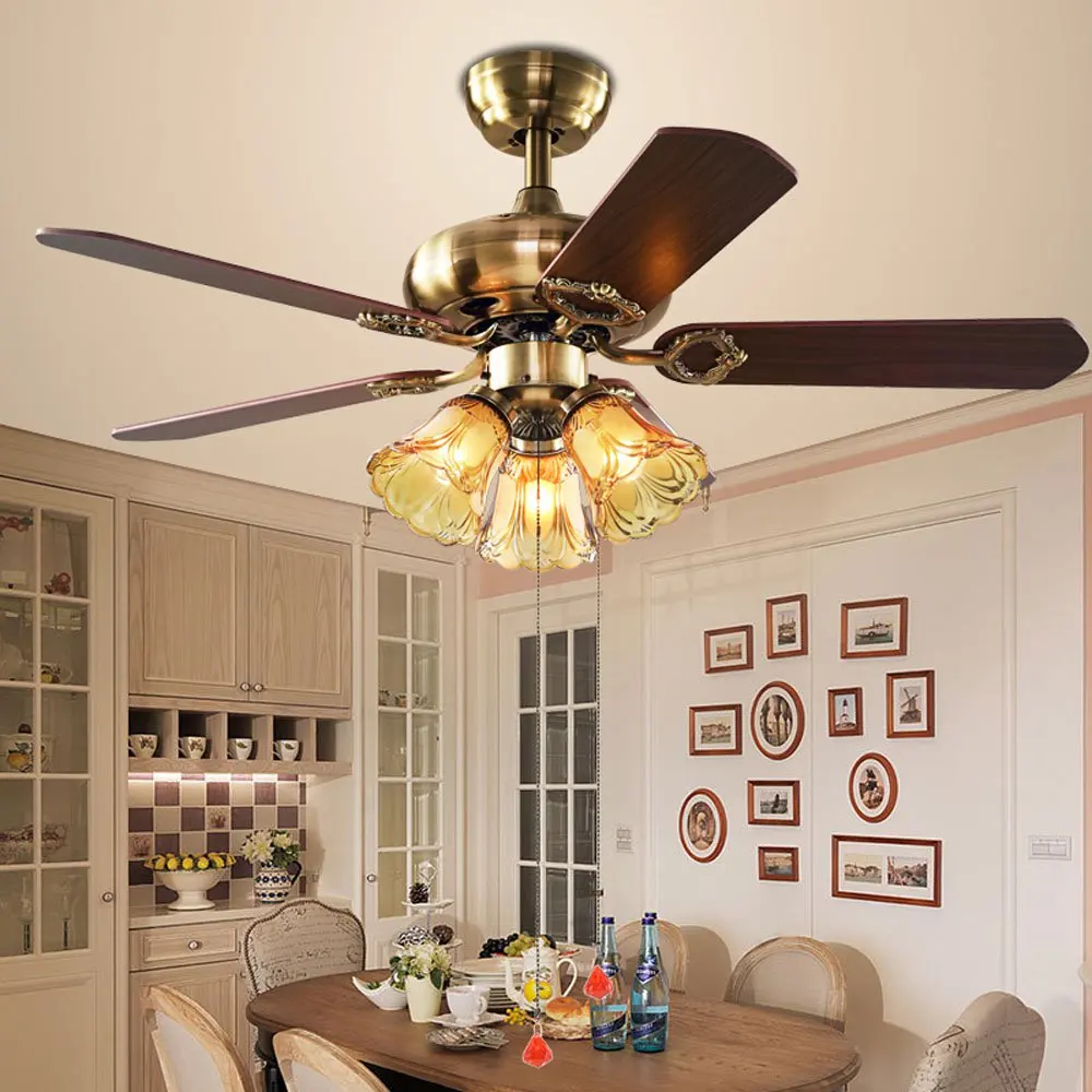 42" Antique Ceiling Fan Pendant Lamp Bronze Glass Ceiling Fan Light Living Room Luxury Wooden Fan Blade Ceiling Fans lamp 220V