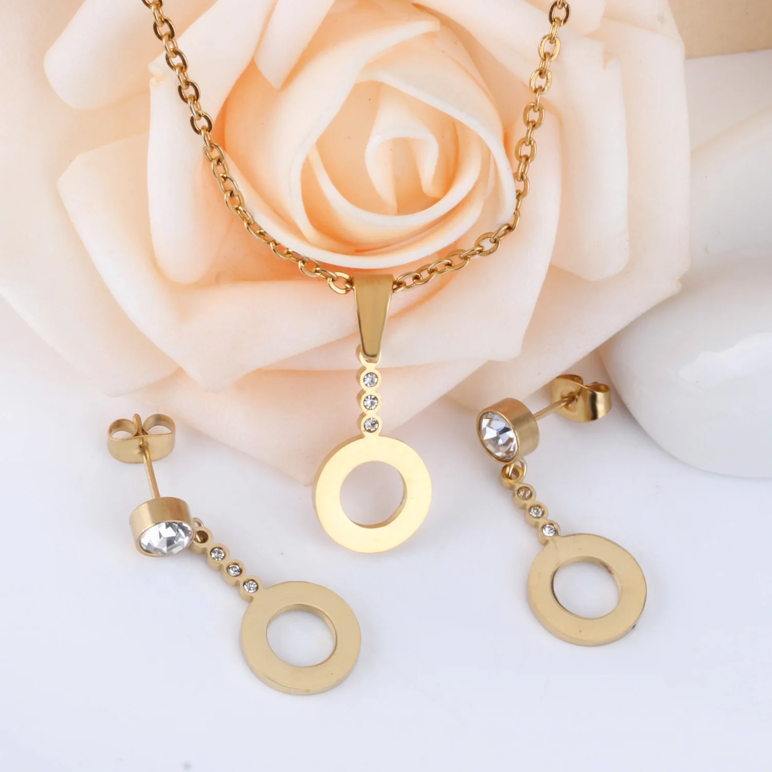 LUXUSTEEL Stainless Steel Jewelry Sets Hollow Out Round Pendant Necklace 2022 Accessories Steel/Golden Color Dangle Earrings