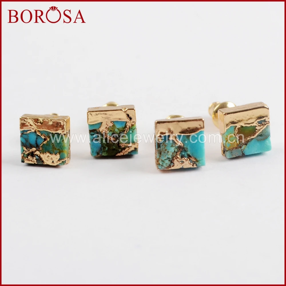 BOROSA 5/10Pairs Gold Color 7mm Square Copper Natural Turquoises Stud Earrings Natural Blue Stone Earrings for Women G1648
