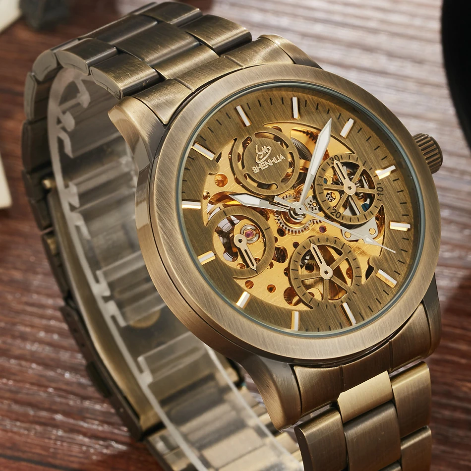 Retro SHENHUA Automatic Mechanical Watches Men Brand Luxury Full Steel Skeleton Antique Men Mechanical Watches Relogio Masculino