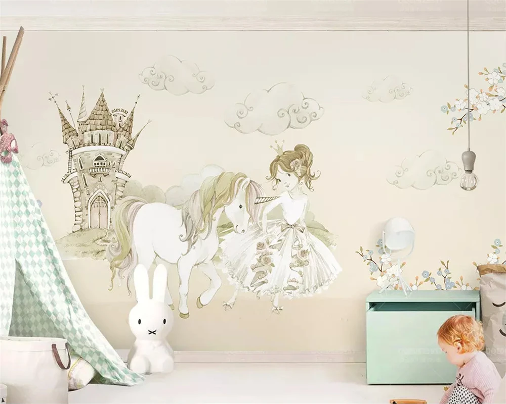 beibehang Custom original little princess and one-horned horse castle fairy tale children's room background wallpaper painting