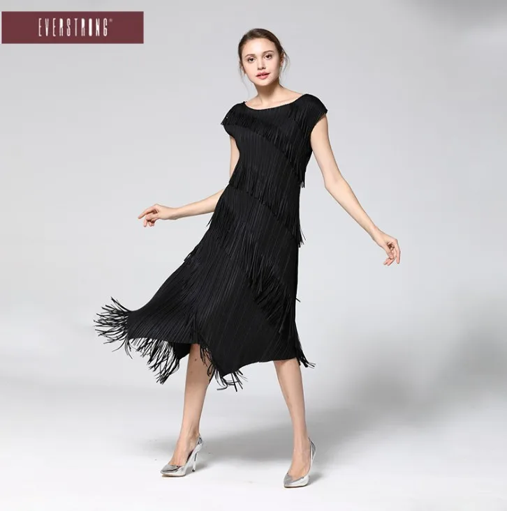 

HOT SELLING Miyake Fold solid o-neck short sleeve elegant tassel Asymmetrical dress IN STOCK