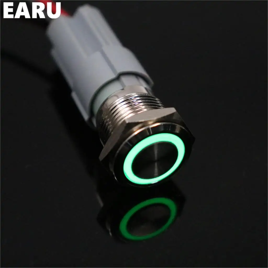 16mm Metal Round Push Button Switch Ring LED 5-380V 12V 6V Self-lock Momentary Latching Waterproof Car Auto Engine Red Blue PC