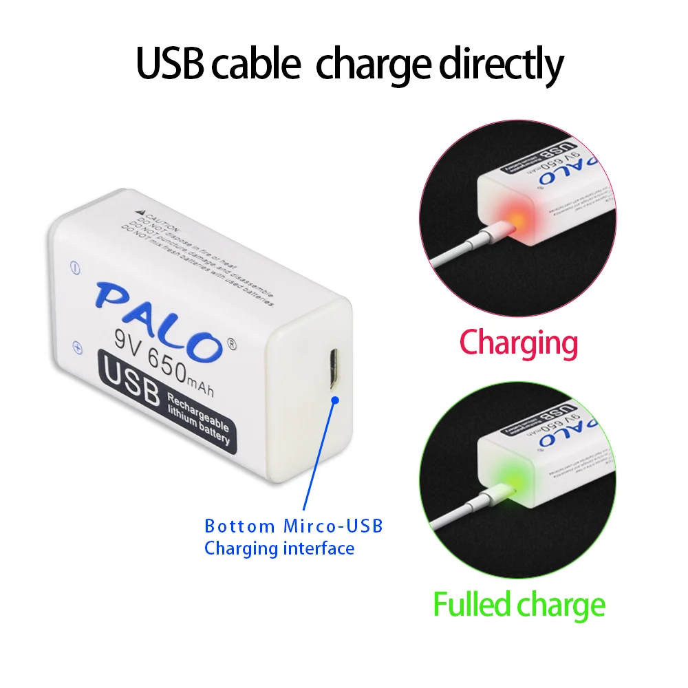 PALO 9V 650mAh micro USB Charger 9 Volt li-ion Rechargeable Battery 6F22 Lithium Battery for RC Helicopter Model Microphone Toy