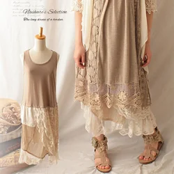 Harajuku Mori Girl Sweet Dress Women Clothing Asymmetrical Patchwork Cotton Lace Layer Sleeveless Kawaii Mid Calf Dresses A023